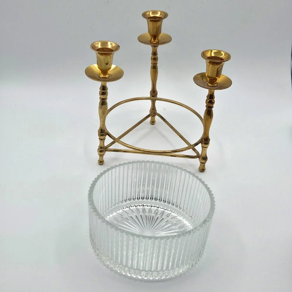 VINTAGE Teleflora Triple 3 Brass Candleholder Ribbed Glass Centerpiece Vase Dish